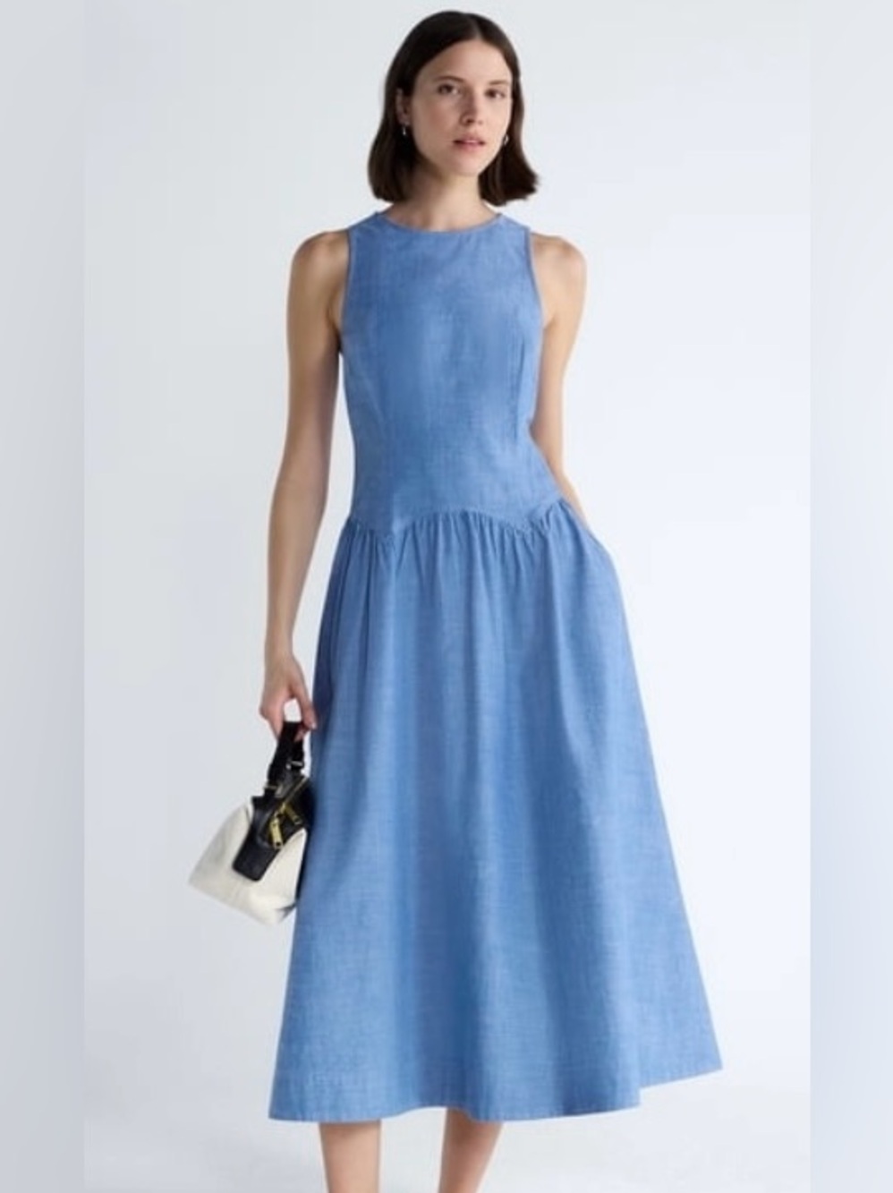 Sleeveless Light Blue Midi Dress with Gathered Waist - Picture 1 of 9
